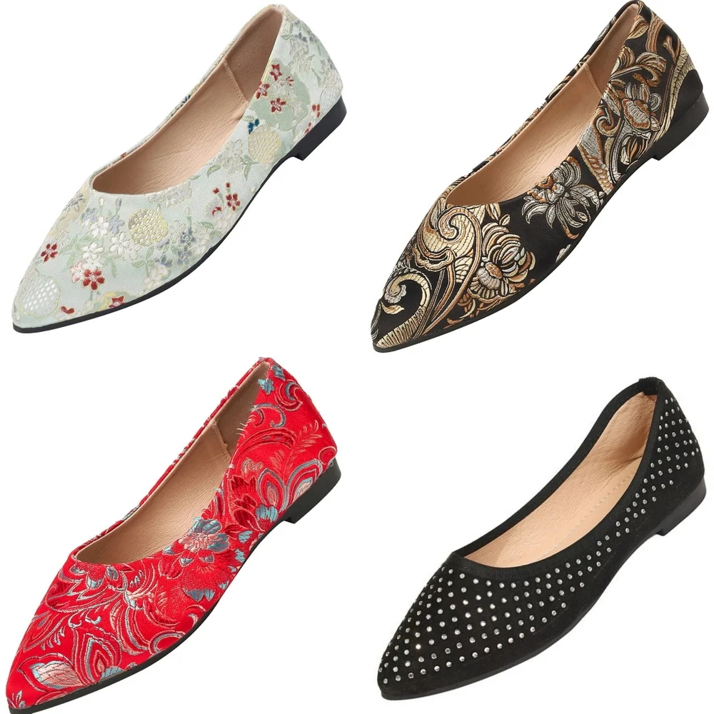 Red Floral Embroidered Women's Flats